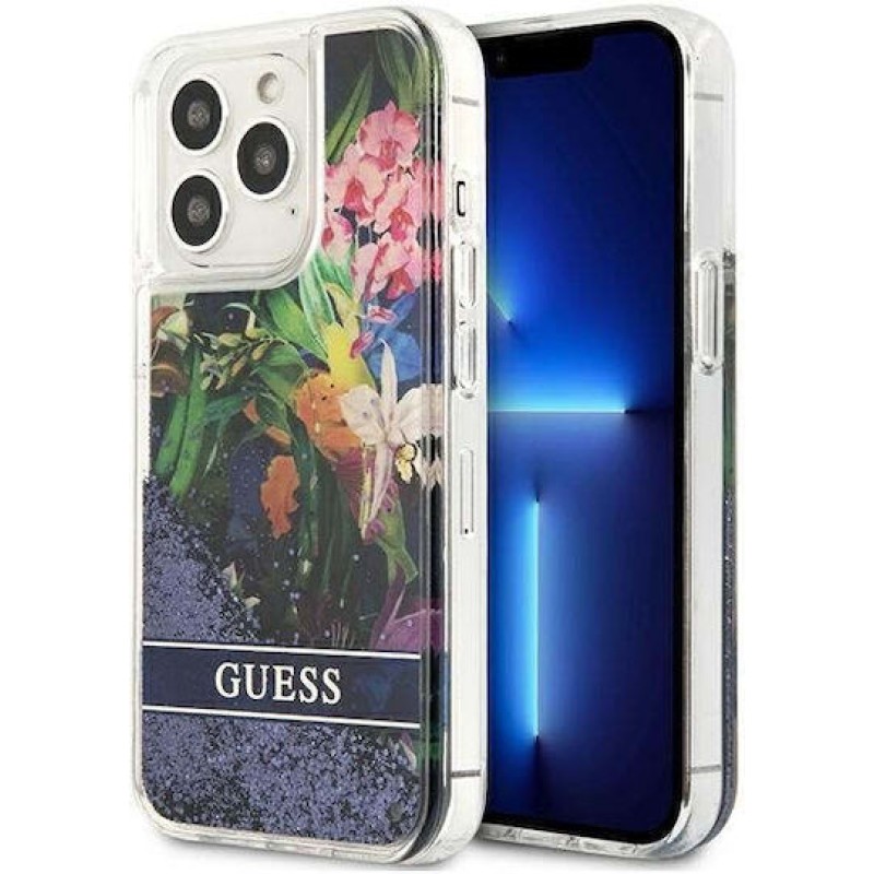Guess Flower Liquid Glitter Back Cover Πλαστικό / Σιλικόνης Γαλάζιο (iPhone 13 Pro)