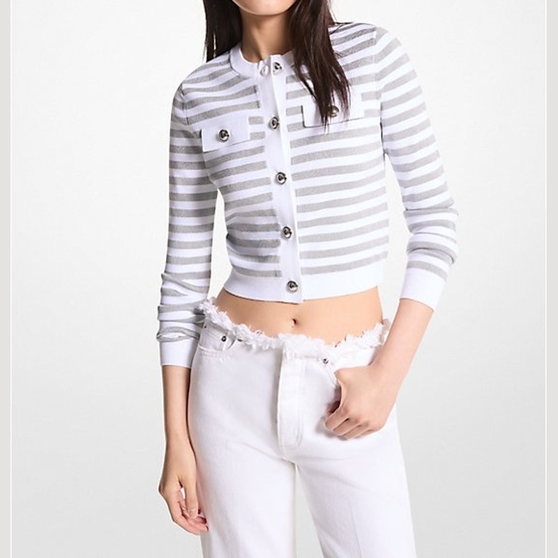 Michael Kors Metallic Stripe Snap Cardigan White