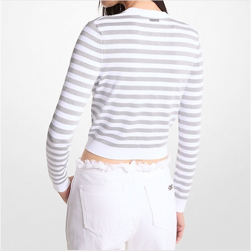 Michael Kors Metallic Stripe Snap Cardigan White