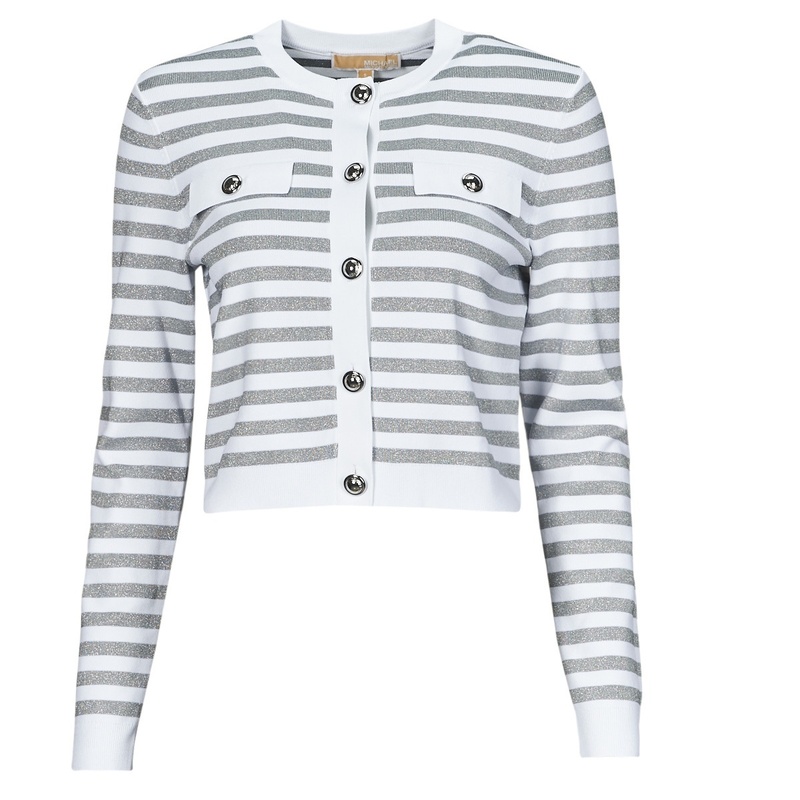 Michael Kors Metallic Stripe Snap Cardigan White