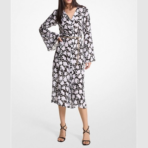 Michael Kors Floral Wrap Midi Dress Black