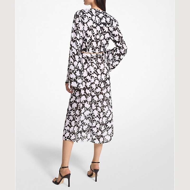 Michael Kors Floral Wrap Midi Dress Black