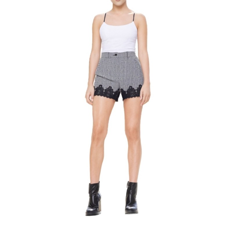 Moschino Houndstooth Lace Trim Shorts Black White