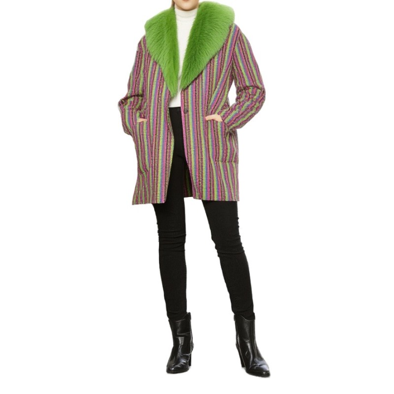 Moschino Striped Fur Collar Coat Multicolor