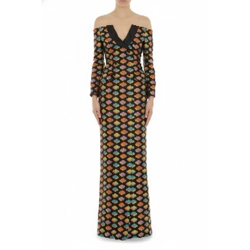 Moschino Multicolor Jacquard Off-Shoulder Gown Black