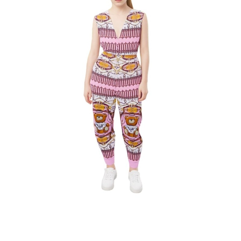 Moschino Bear Print Cotton Jumpsuit Pink