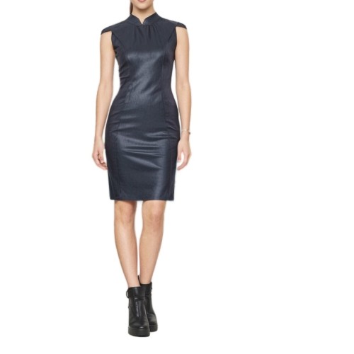 Moschino Leather Cap Sleeve Sheath Dress Navy