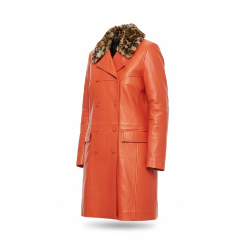 Moschino Orange Leather Fur Collar Overcoat