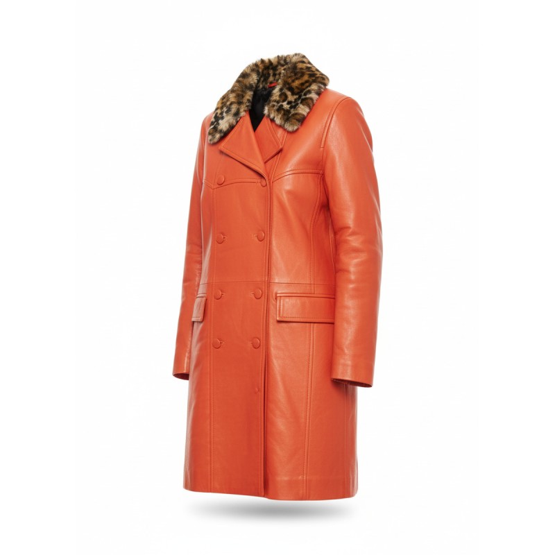 Moschino Orange Leather Fur Collar Overcoat