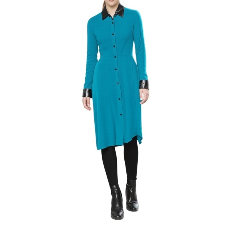 Moschino Leather Trim Shirt Dress Teal