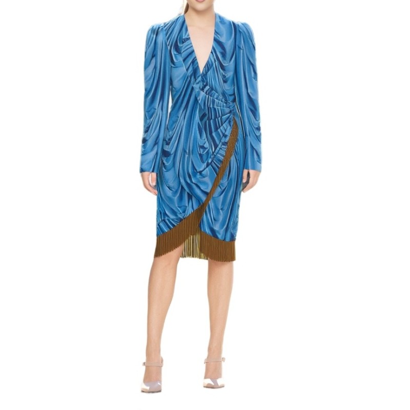 Moschino Draped Silk Fringe Dress Blue