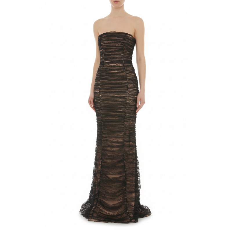 Moschino Black Lace Ruched Strapless Gown