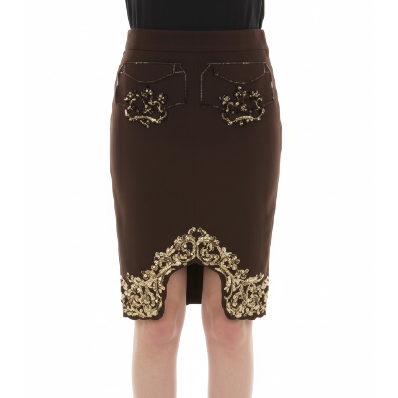 Moschino Embroidered Brown Pencil Skirt