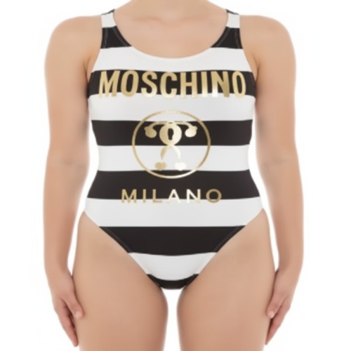 Moschino Striped Logo One-Piece Swimsuit Black White