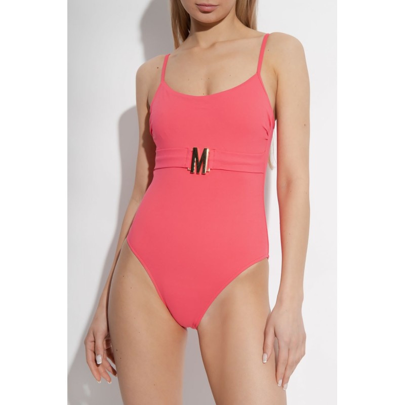 Moschino Belted Logo One-Piece Swimsuit Coral