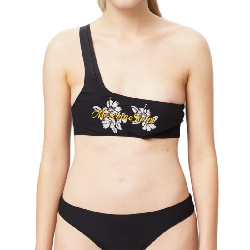 Moschino Daisy Script One-Shoulder Bikini Top Black