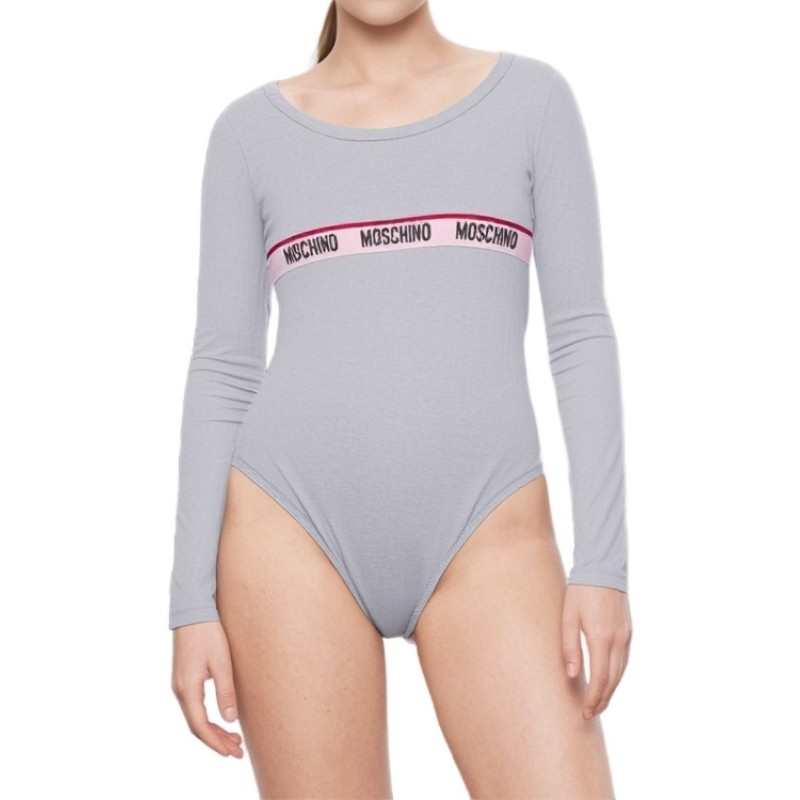Moschino Logo Stripe Long Sleeve Bodysuit Grey
