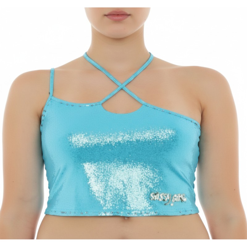 Moschino Cross Strap Sequin Crop Top Turquoise