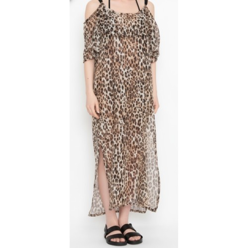 Moschino Leopard Print Off-Shoulder Maxi Dress Brown