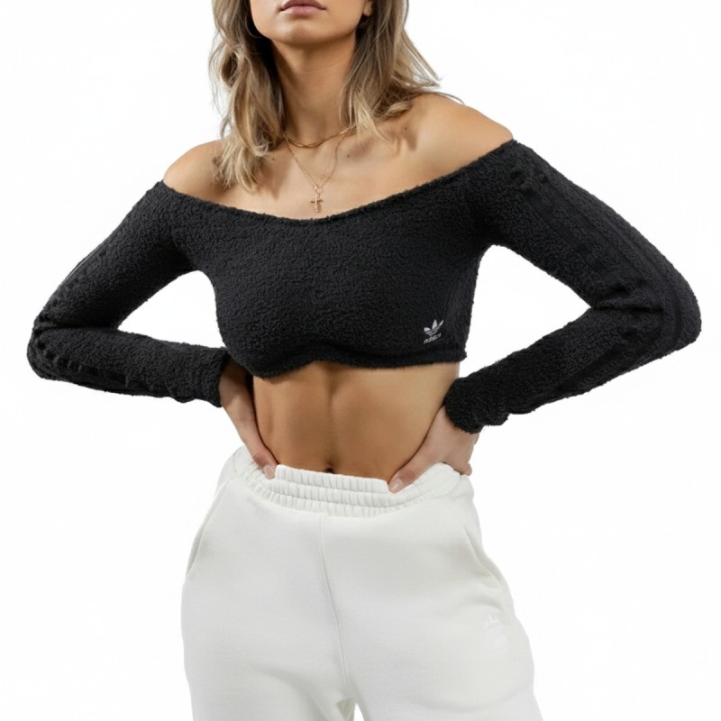 Adidas Off-Shoulder Bouclé Crop Top Black