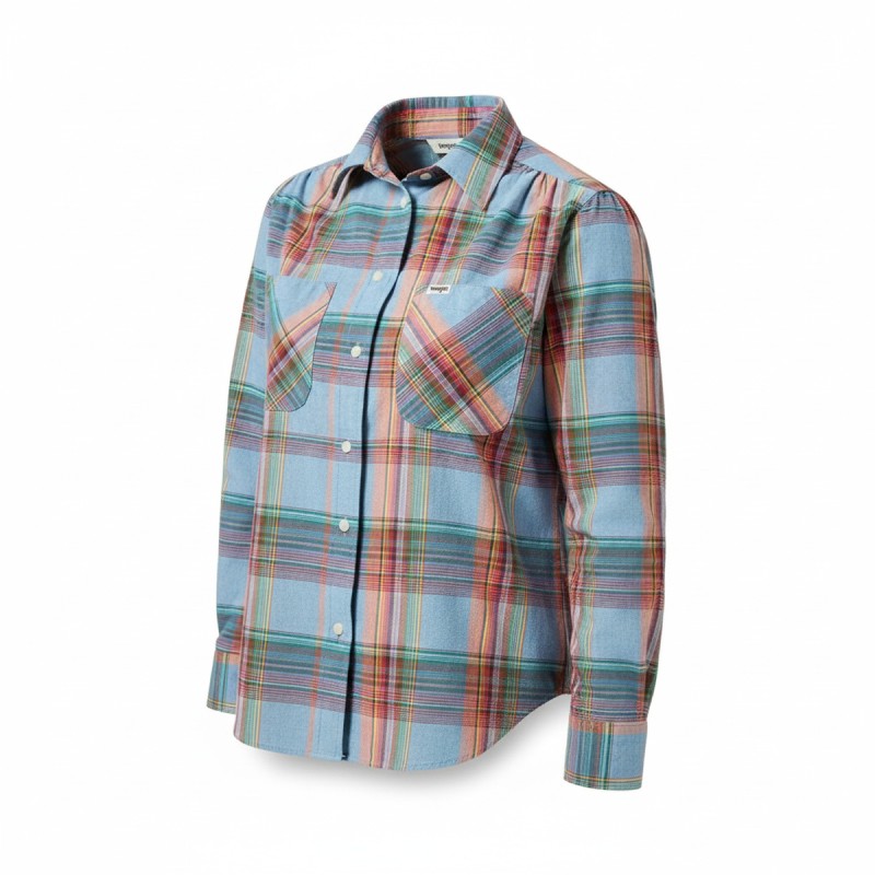 Wrangler Madras Plaid Western Shirt Blue